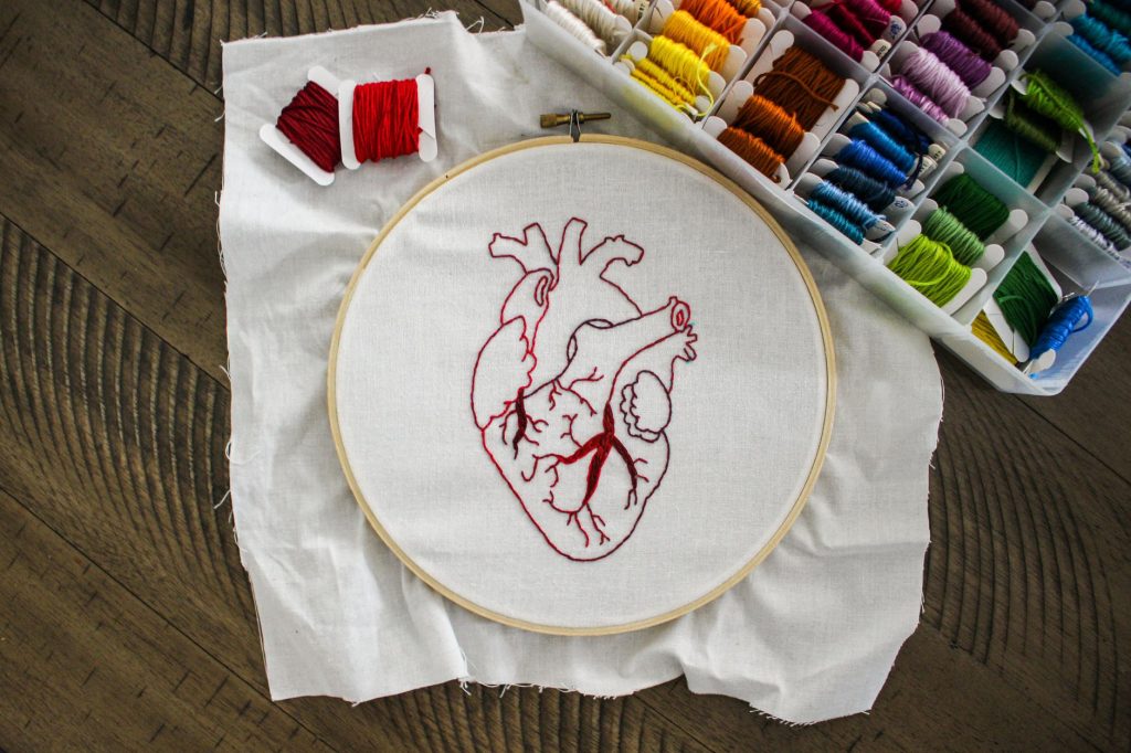 Préparation d'un visuel de broderie sur cerceau, fils colorés